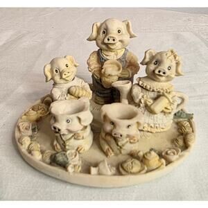 Vtg. Mini Pig Themed Decorative Tea Set Teapot Creamer Sugar Bowl 2 Cups Tray